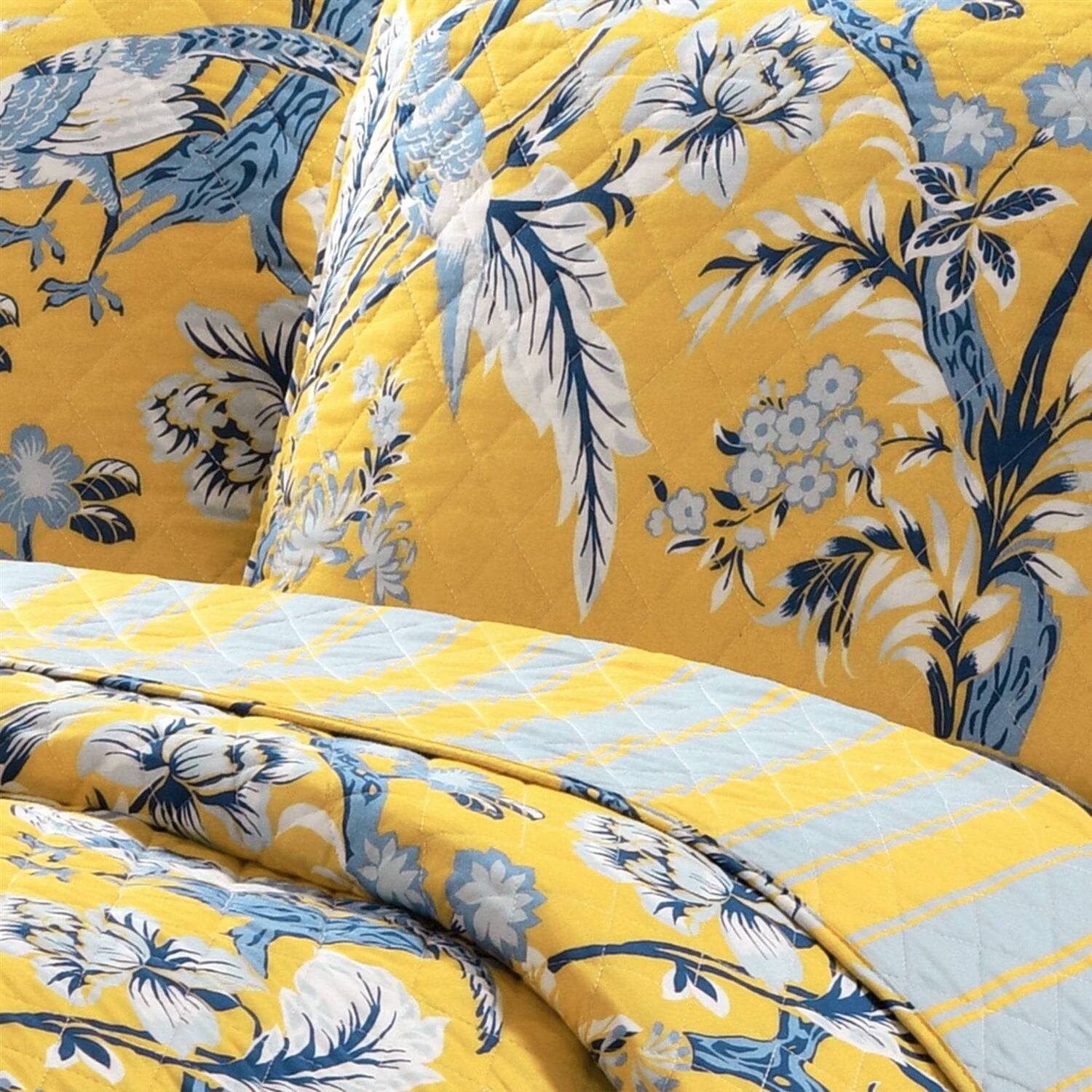 Back. Hivvago - King Size Lightweight Peacocks Polyester Quilt Set Yellow Blue - Yellow Blue.