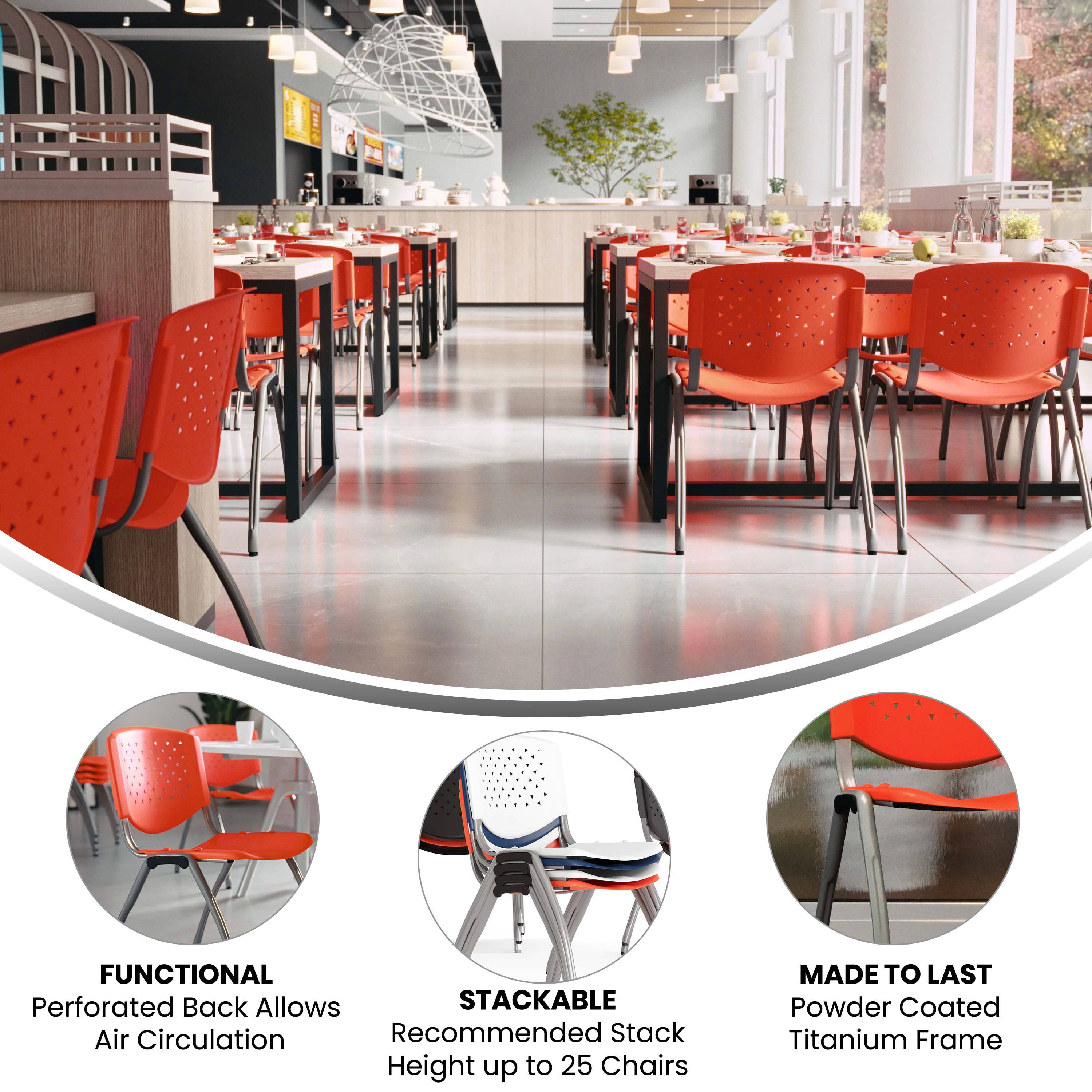 FUNCTIONAL  
Perforated Back Allows Air Circulation  

STACKABLE  
Recommended Stack Height up to 25 Chairs  

MADE TO LAST  
Powder Coated Titanium Frame