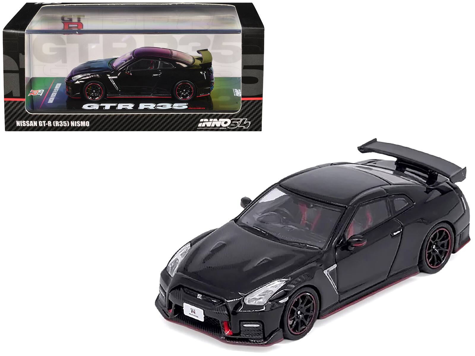 Nissan GT-R (R35) Nismo RHD (Right Hand Drive) Nismo Black with Carbon Hood and Top 1/64 Model Car by Inno Models