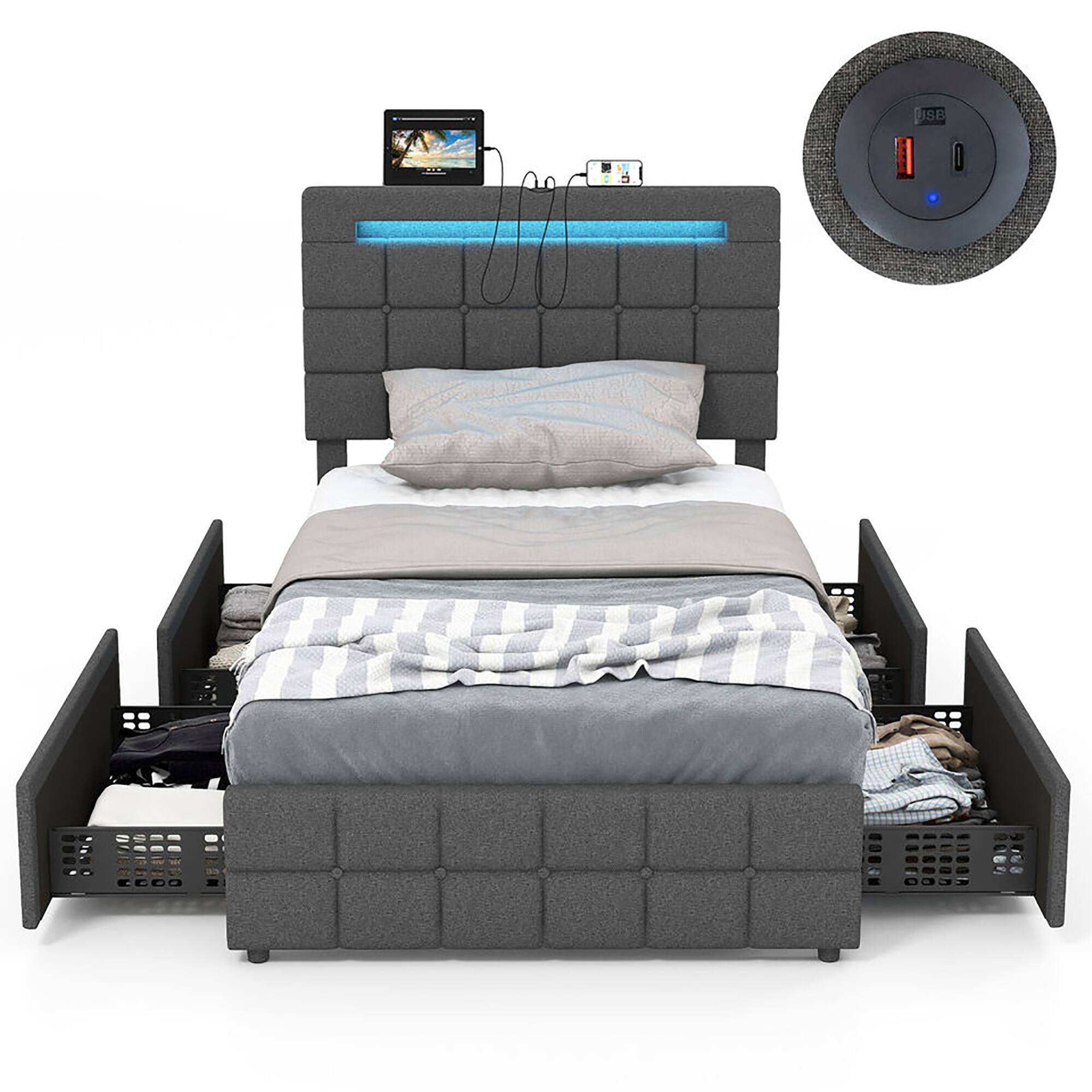 Alt View 8. Gymax - Gymax Twin Upholstered Platform Bed with LED Headboard Charging Station Storage Drawer - Gray.