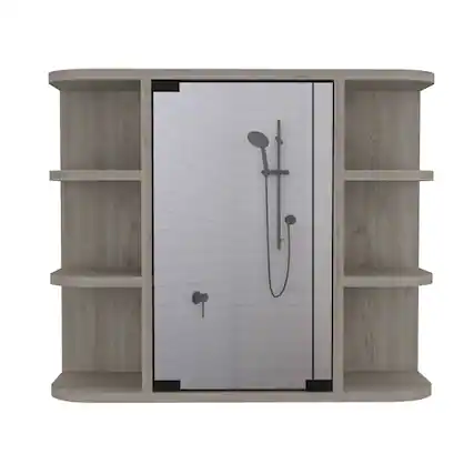 Front. TuHome - Milan Medicine Cabinet, Six External Shelves Mirror, Three Internal Shelves - Light Gray.