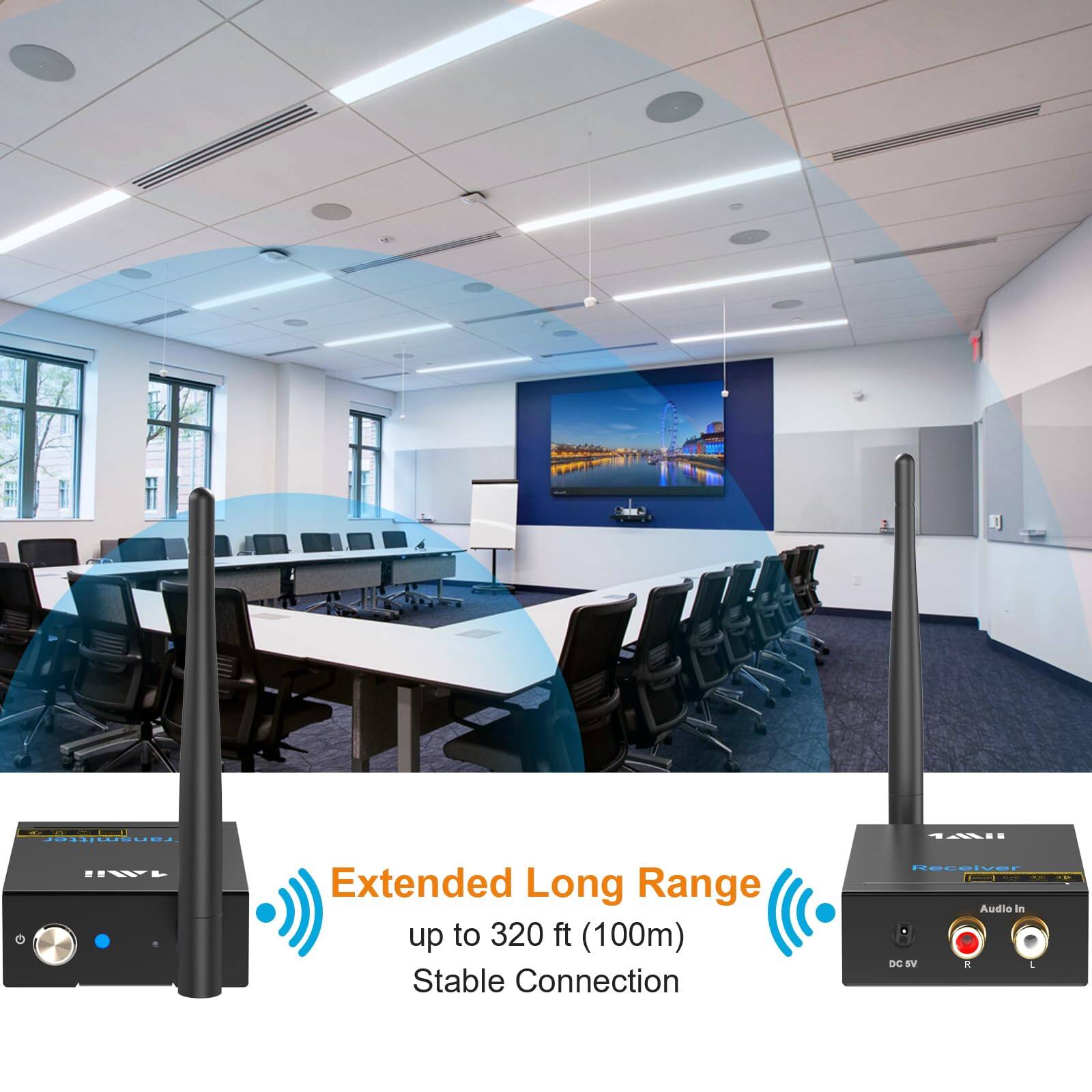 Extended Long Range up to 320 ft (100m)  
Stable Connection  
Receiver  
Audio In  
DC 5V  
R  
L
