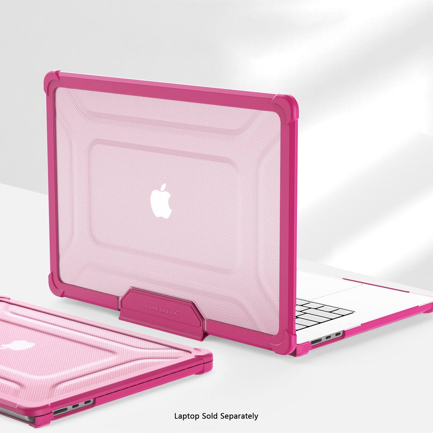 The image features a pink laptop computer with a white keyboard. The laptop is shown in two different positions, one with the lid closed and the other with the lid open. The pink laptop is part of the SAHARA laptop series, and it is sold separately.