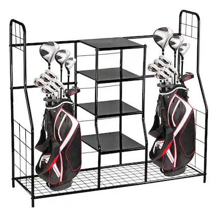 Front. Home It - Golf Bag Sports Dual Storage Organizer – Metal Golf Rack with 4 Shelves, Holds 2 Golf Bags, Garage Equipment Storage - Black.