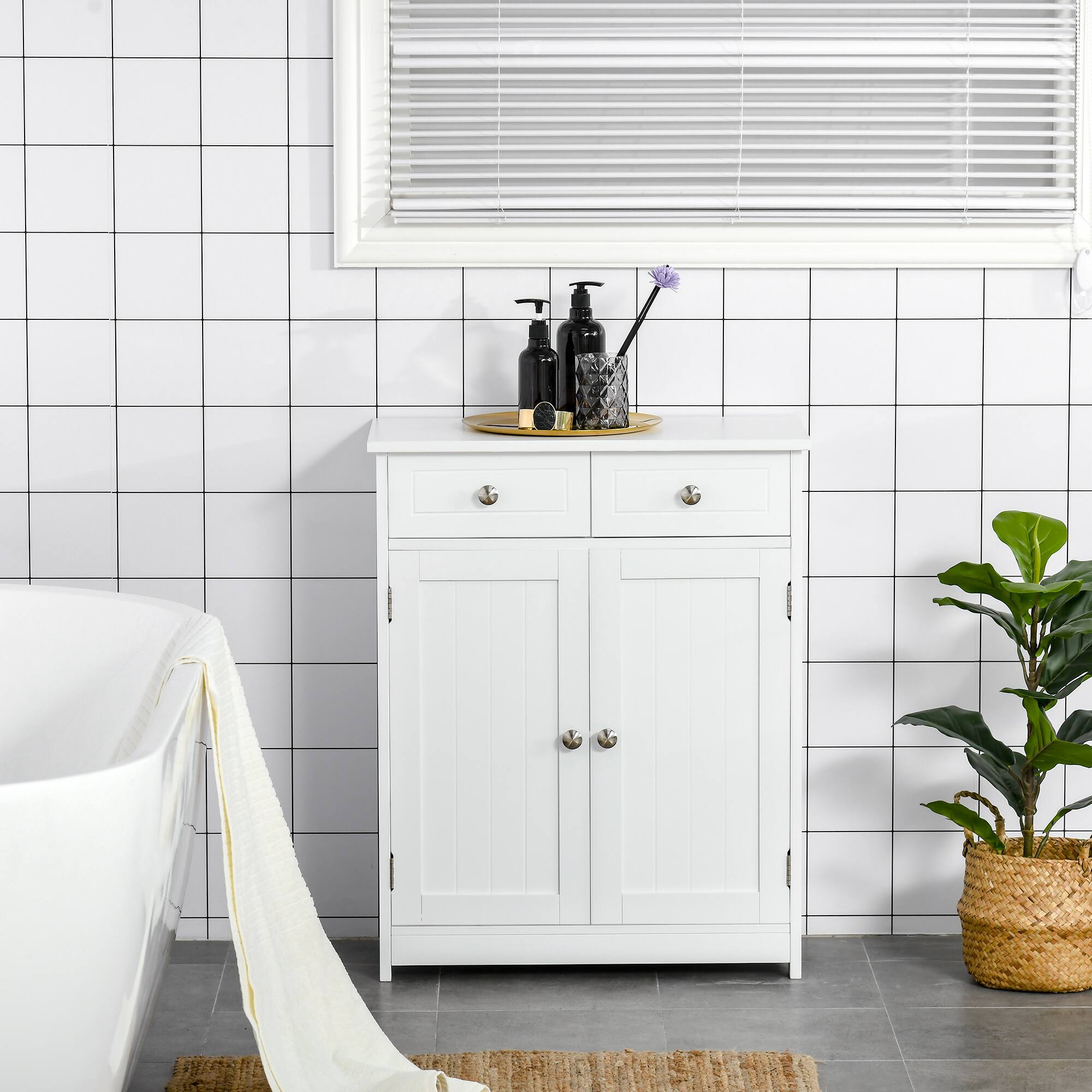Alt View 1. Kleankin - Freestanding Bathroom Floor Cabinet with 2 Doors, 2 Drawers, and Adjustable Shelf - White.