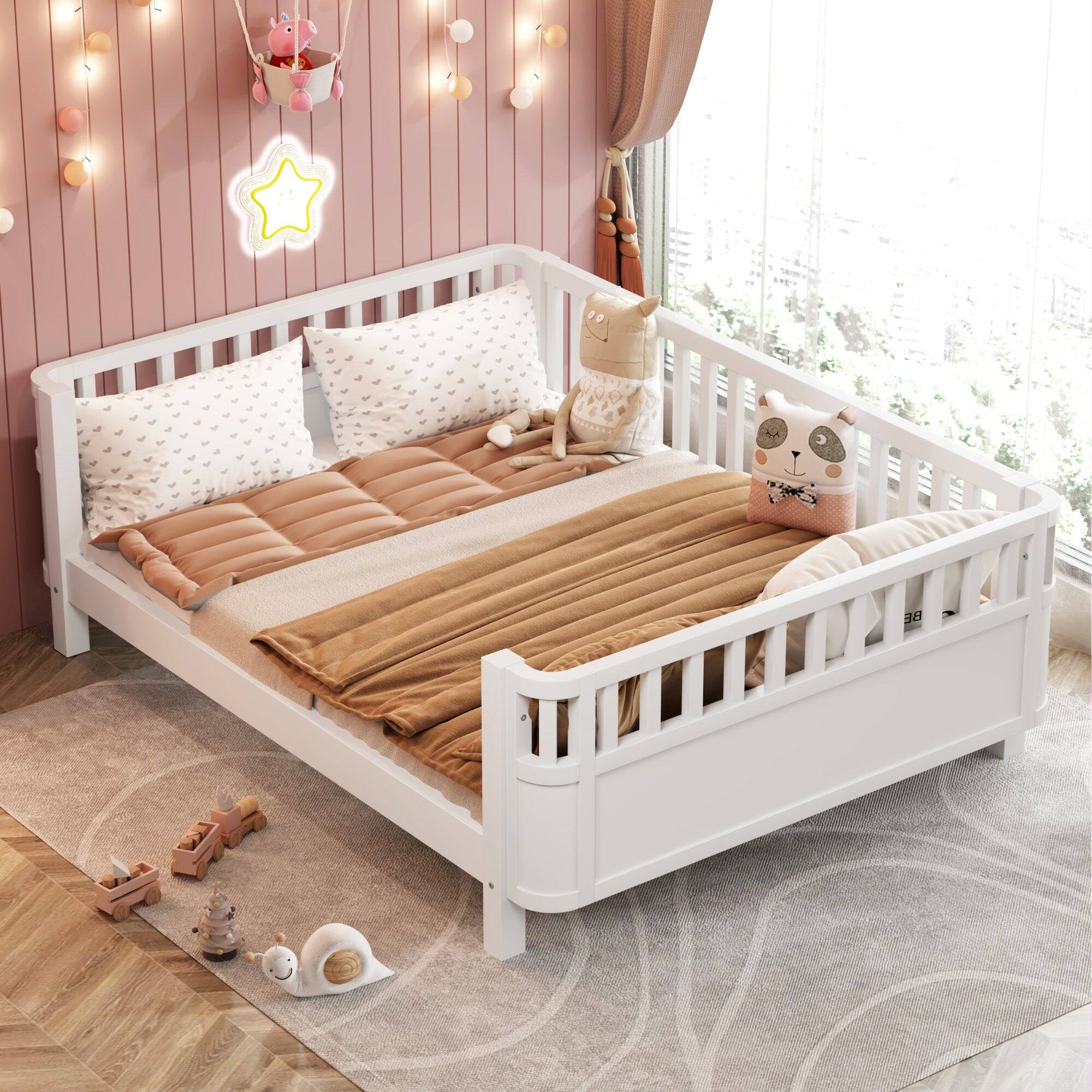 Alt View 1. Boyel Living - Full Size Wood Platform Bed for Kids with Low Profile and Safety Rails, White (Patented Design) - White.