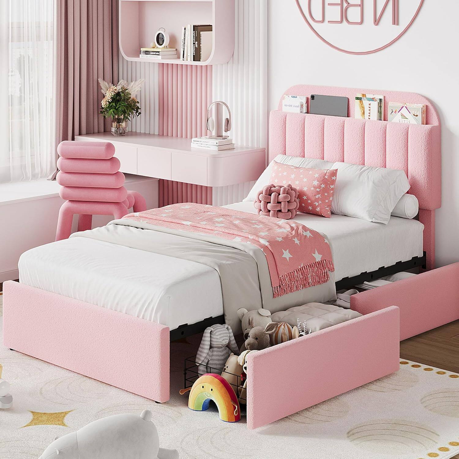 Front. GARVEE - Twin Size Bed Frame for Kids with Storage Drawers & Bookcase Headboard, Boucle Platform Bed, Noise-Free, Pink - Pink.