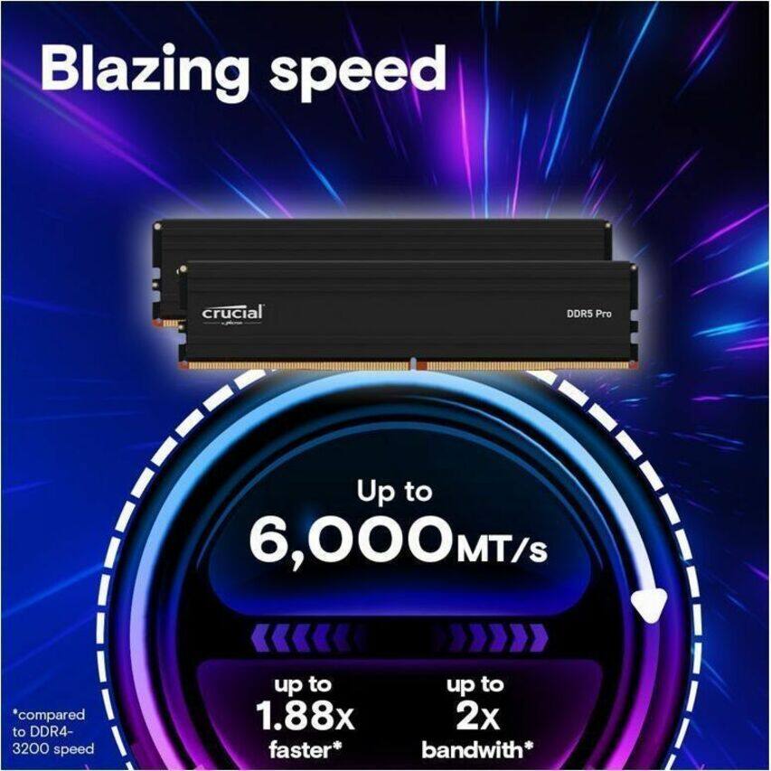 Blazing speed

Crucial DDR5 Pro

Up to 6,000MT/s

*compared to DDR4-3200 speed up to 1.88x faster*

up to 2x bandwidth*