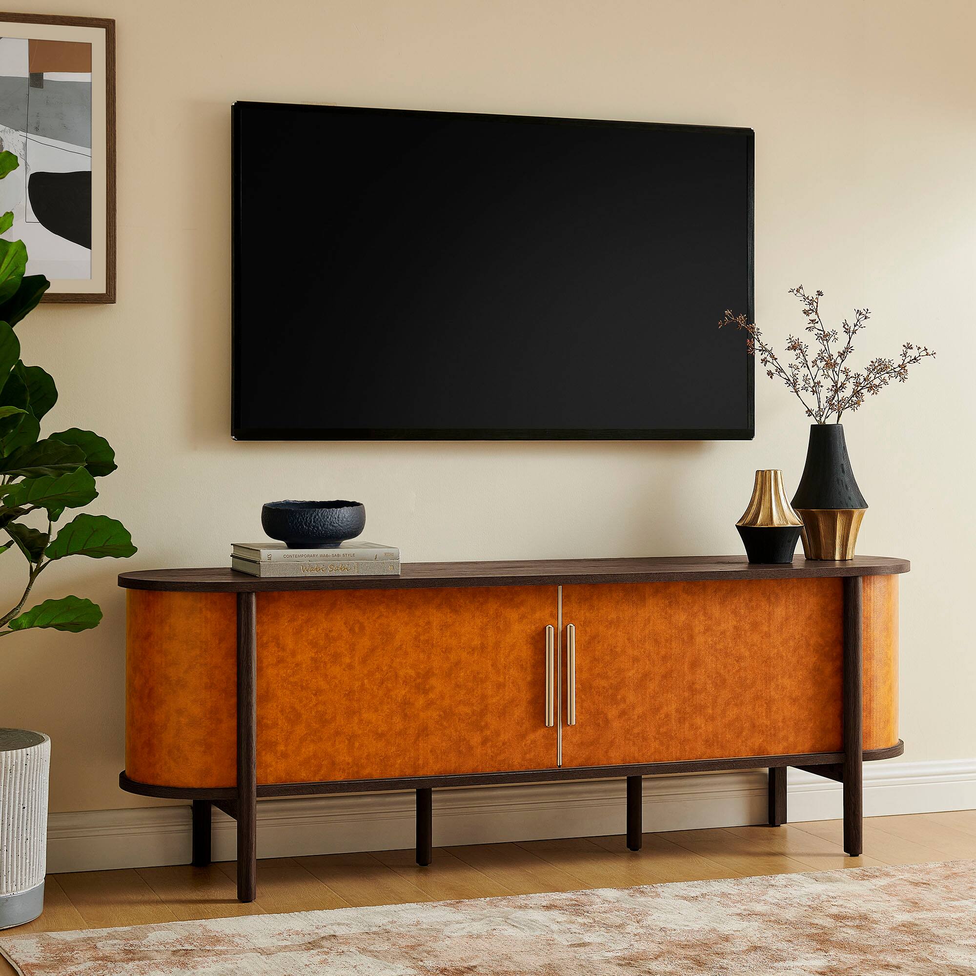Alt View 5. Modway - Coralie Curved 71" Vegan Leather Oval TV Stand by Modway - Walnut Tan.