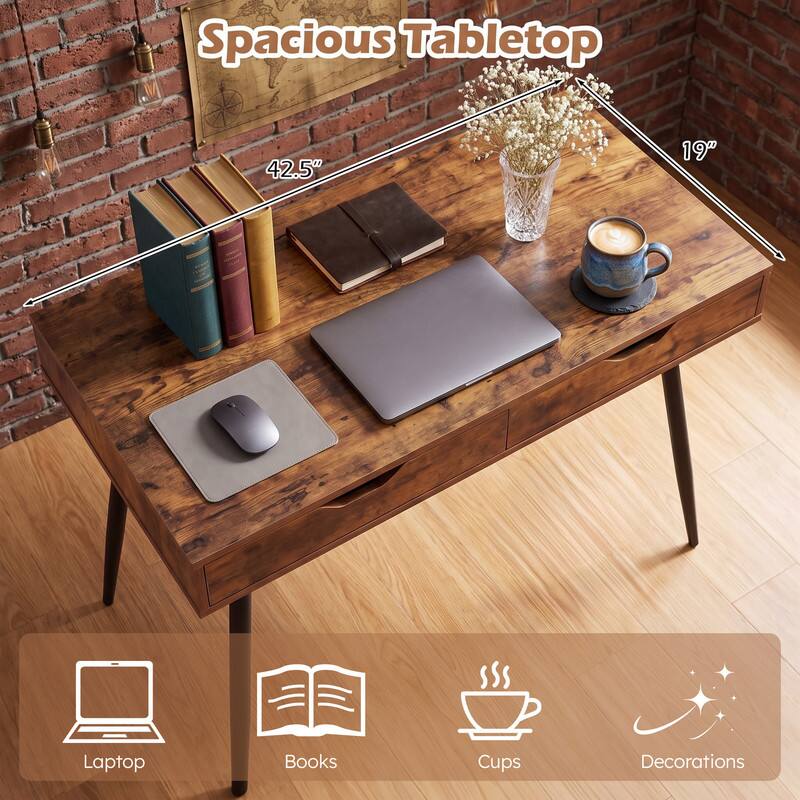 Spacious Tabletop  
42.5" x 19"  
Laptop, Books, Cups, Decorations
