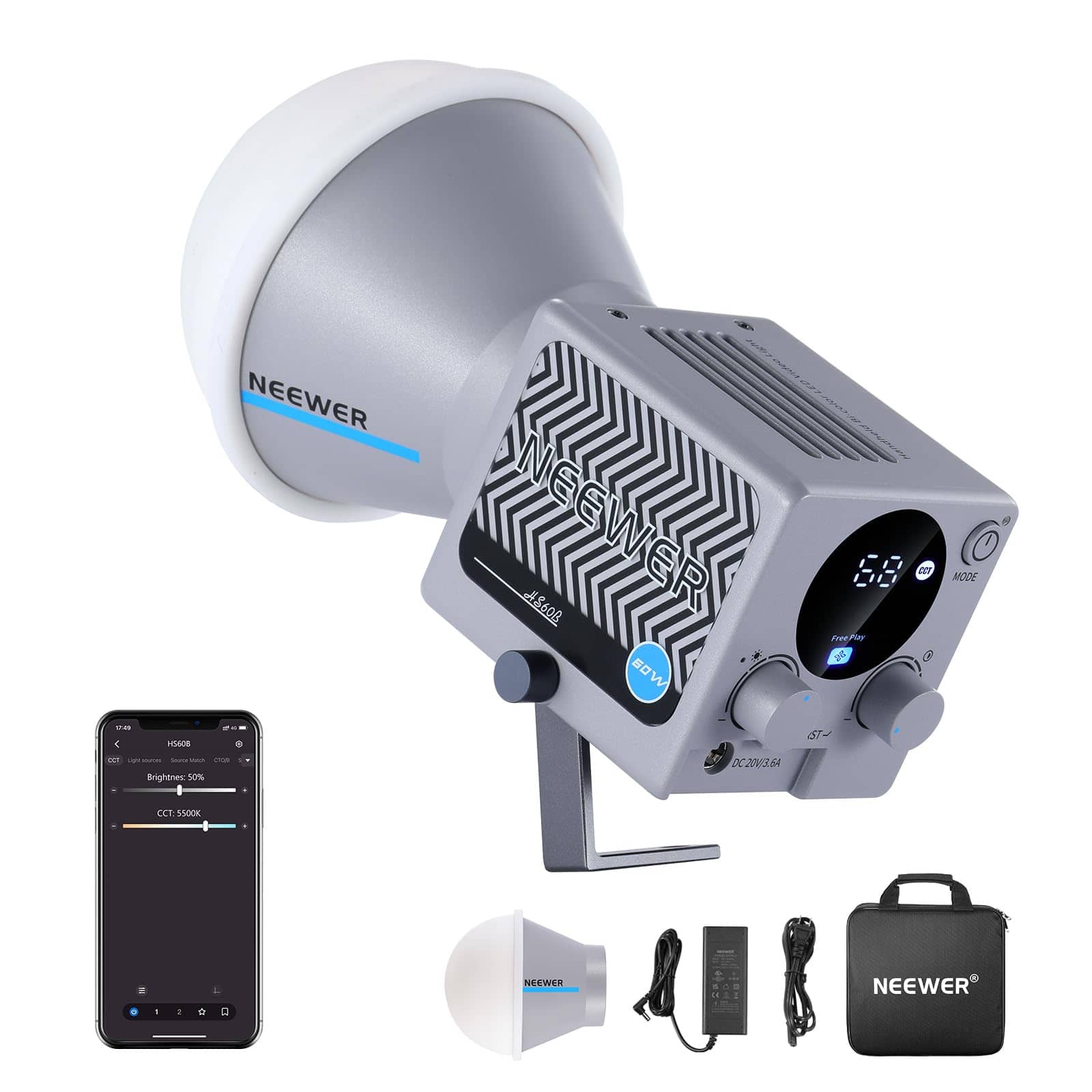 Neewer - HS60B Mini 60W Bi-Color Video Light, App Control, CRI97+, USB-C