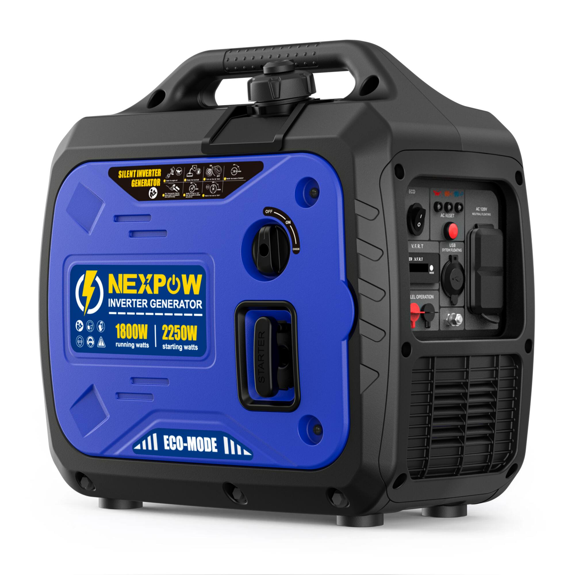 SILENT INVERTER GENERATOR  
NEXPOW INVERTER GENERATOR  
1800W running watts  
2250W starting watts  
ECO-MODE  
OFF ON  
ECO  
AC OUTPUT  
USB  
DC OUTPUT  
STARTER  
LL OPERATION