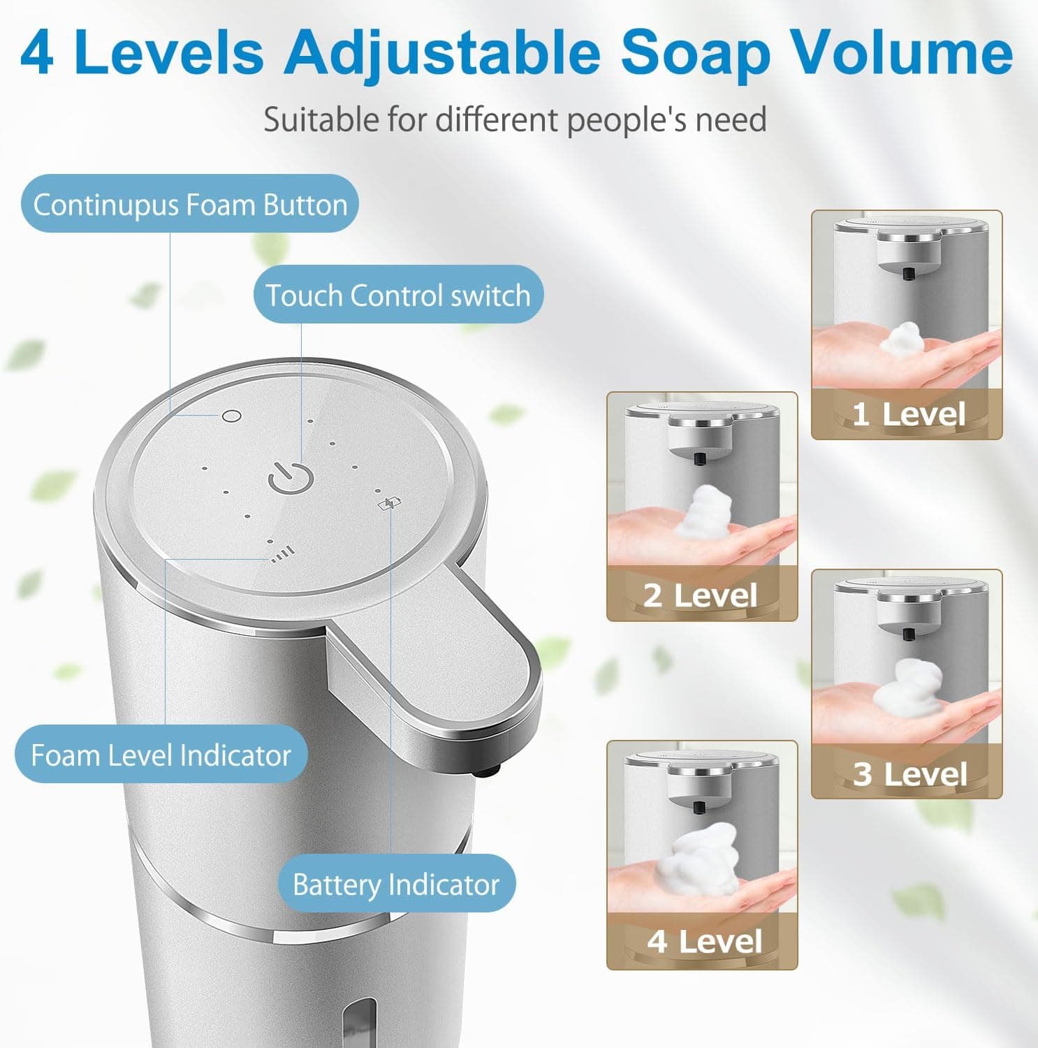 4 Levels Adjustable Soap Volume  
Suitable for different people's need  

Continuus Foam Button  
Touch Control switch  
Foam Level Indicator  
Battery Indicator  

1 Level  
2 Level  
3 Level  
4 Level