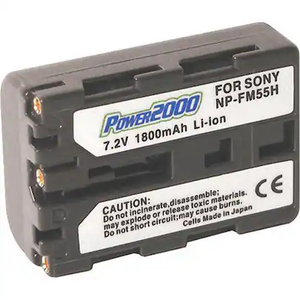FOR SONY POWER2000 NP-FM55H
7.2V 1800mAh Li-ion
CAUTION:
Do not incinerate, disassemble; may explode or release toxic materials.
Do not short circuit; may cause burns.
Cells Made in Japan
