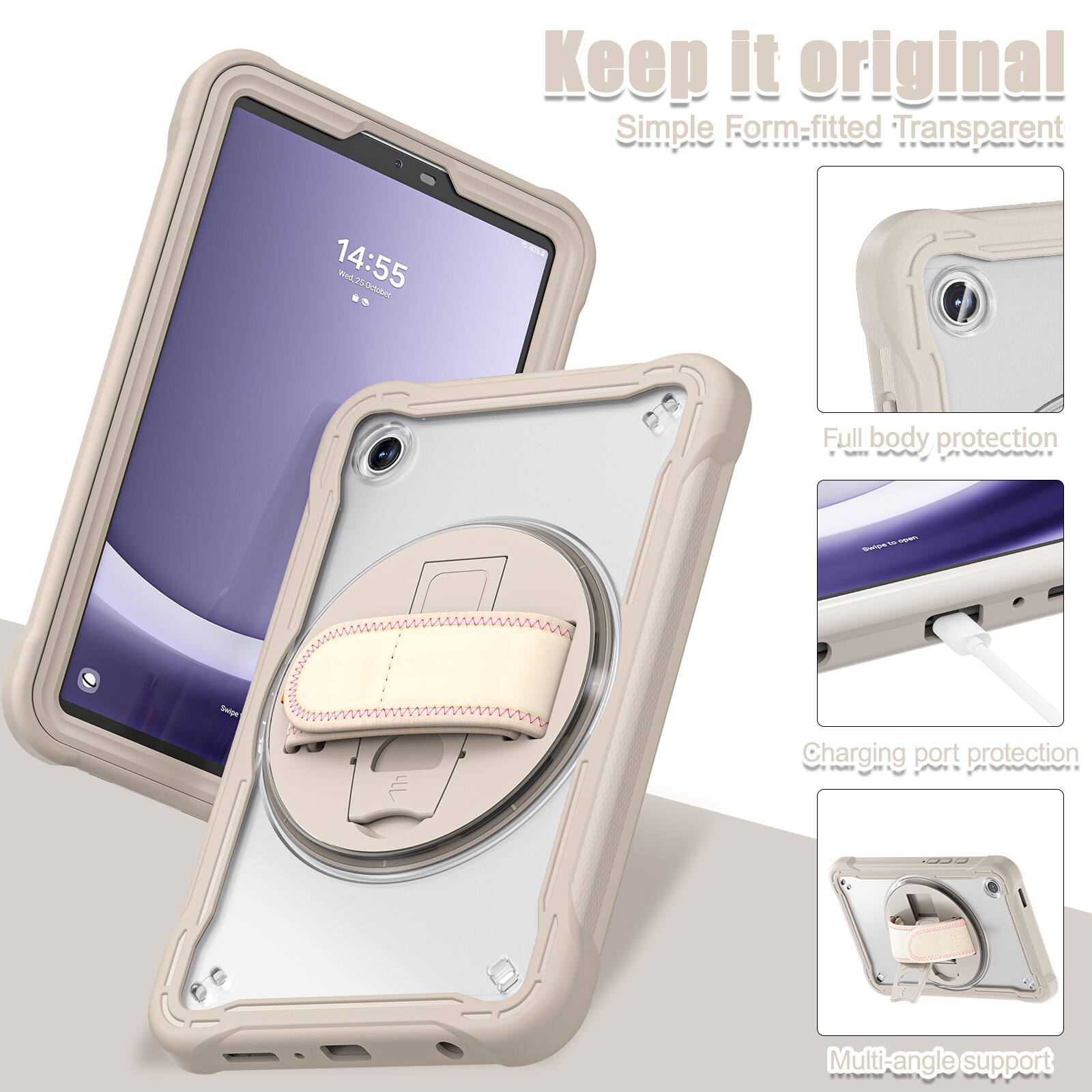 Keep it original  
Simple Form-fitted Transparent  
14:55  
Full body protection  
Charging port protection  
Multi-angle support