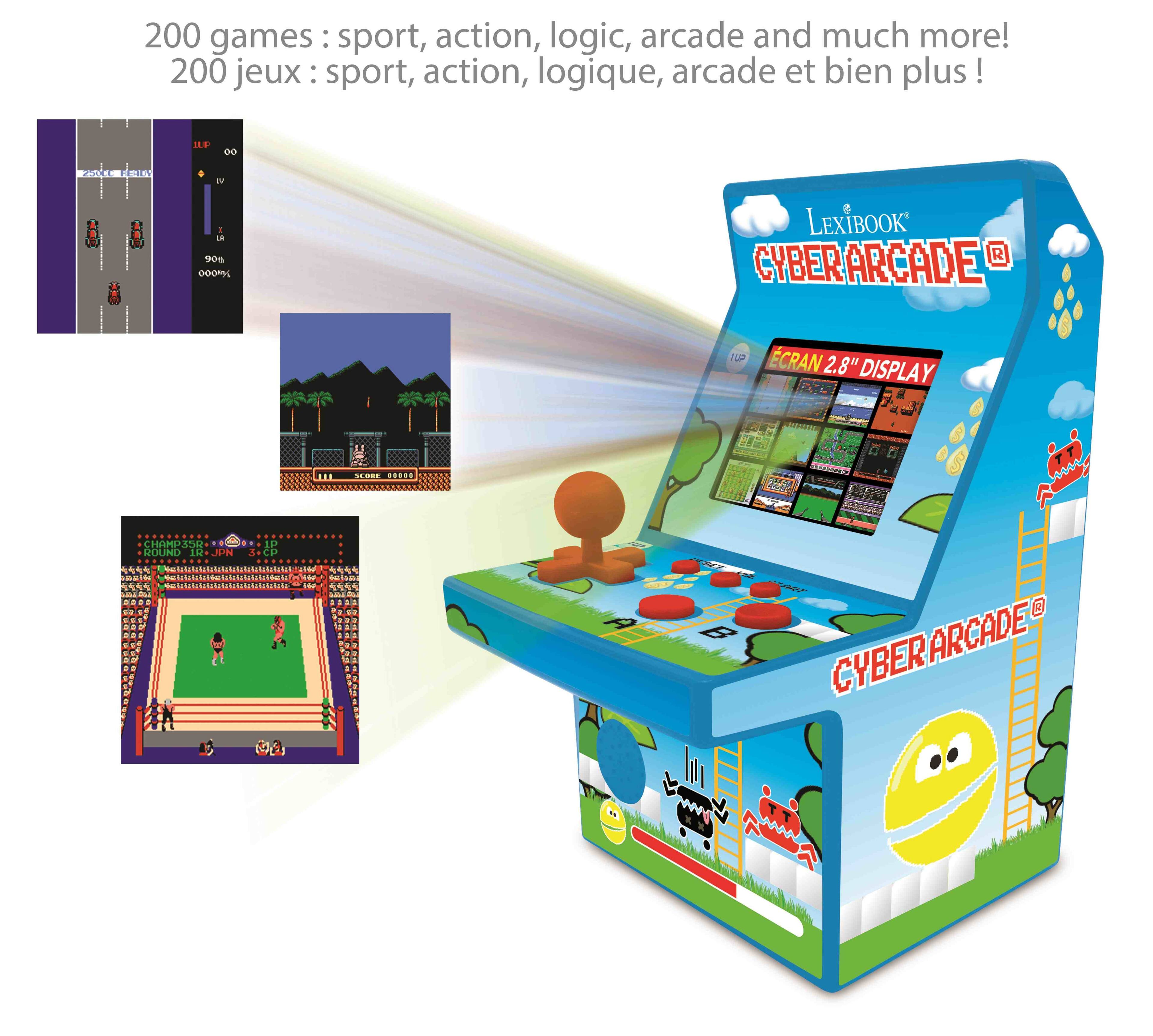 200 games: sport, action, logic, arcade and much more!  
200 jeux : sport, action, logique, arcade et bien plus !  

LexiBook®  
CYBER ARCADE®  

ECRAN 2.8" DISPLAY  

PICAS CHOMOSAO  
POLING  
1 JPN 01  
SaCD  
CYBER ARCADE