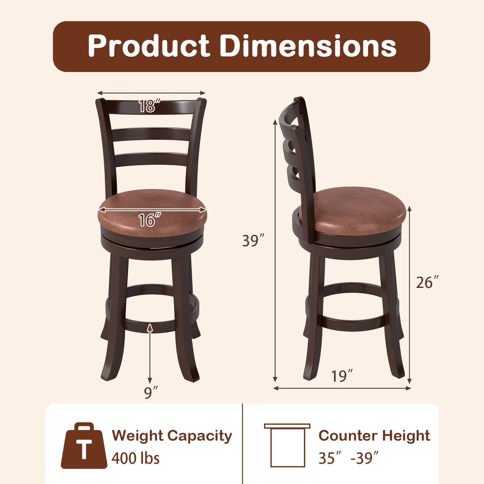 Product Dimensions  
18" x 16" x 39"  
9" x 26" x 19"  

Weight Capacity: 400 lbs  

Counter Height: 35" - 39"