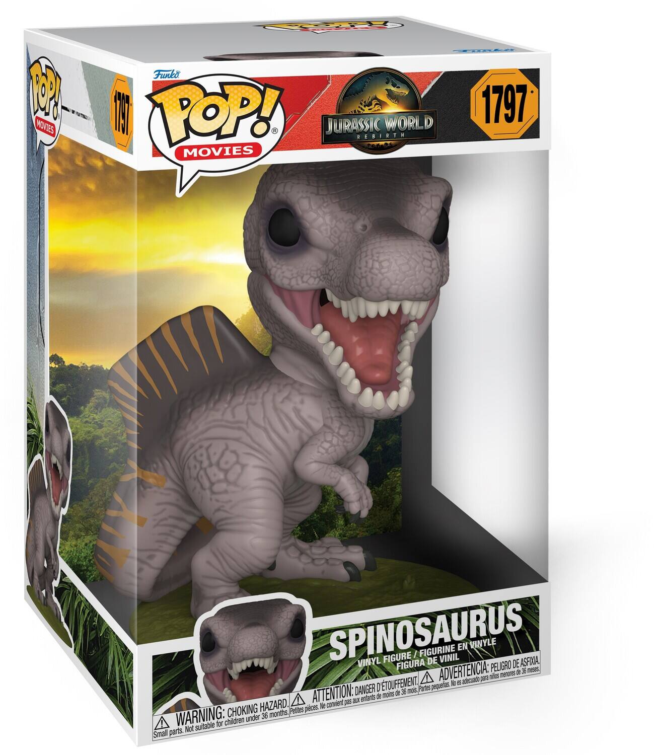 Sure, here is the corrected and grouped text from the image:

---

**Funko POP! Movies**

**Jurassic World: Rebirth**

**1797**

**SPINOSAURUS**

**VINYL FIGURE / FIGURINE EN VINYLE**

**WARNING: CHOKING HAZARD - Small parts. Not suitable for children under 36 months.**

**ATTENTION: PELIGRO DE ASPÍRA - Pequeñas piezas. No es adecuado para niños menores de 36 meses.**

**ADVERTENCIA: DANGER - ÉTINEMENT - Pequeñas piezas. No es adecuado para niños menores de 36 meses.**

---

This text is organized to reflect the information on the packaging.