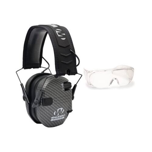Angle. Walkers - Walker's Razor Slim Shooting Muffs (Carbon) with OTG Safety Glasses - Carbon.