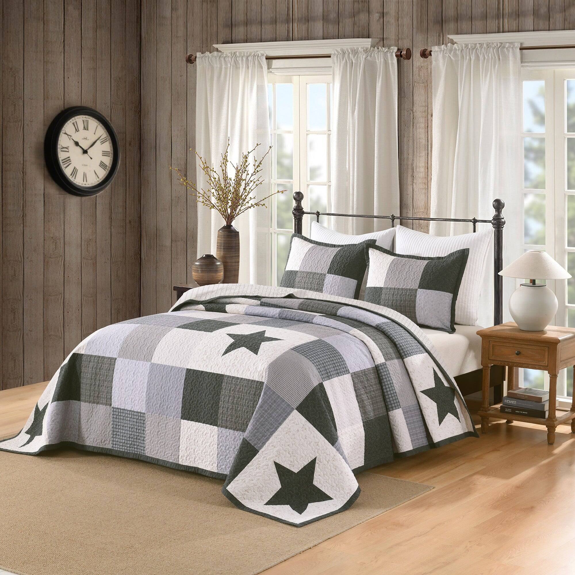 Angle. MarCielo - MarCielo 3 Pcs 100% Cotton Modern Star Pattern Checkered Quilt Bedspread Set - Gray.