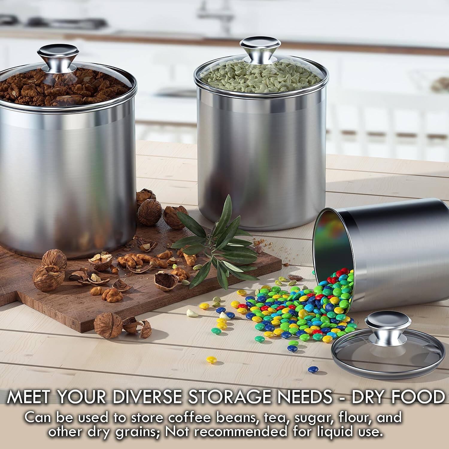 MEET YOUR DIVERSE STORAGE NEEDS - DRY FOOD

Can be used to store coffee beans, tea, sugar, flour, and other dry grains; Not recommended for liquid use.