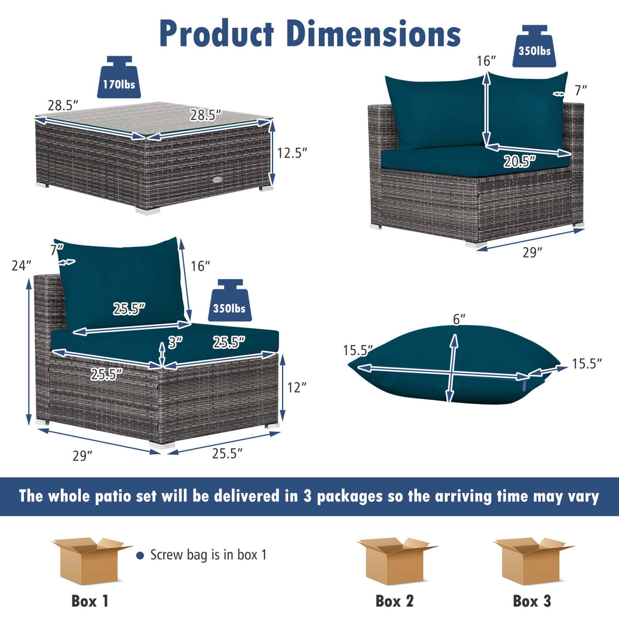 Product Dimensions:
- 350lbs: 28.5" x 170lbs: 28.5" x 7" x 12.5"
- 20.5" x 24" x 7" x 16"
- 25.5" x 25.5" x 3"

The whole patio set will be delivered in 3 packages, so the arriving time may vary.
Screw bag is in box 1.
Box 1: 350lbs
Box 2: 20.5" x 24" x 7" x 16"
Box 3: 25.5" x 25.5" x 3"