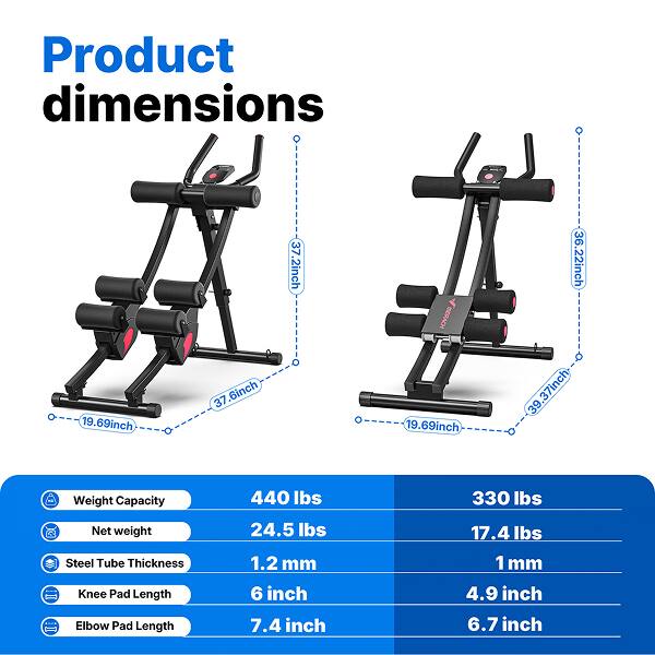 Product dimensions:  
- 19.69 inch  
- 37.6 inch  
- 37.2 inch  

IERACH:  
- 19.69 inch  
- 36.22 inch  
- 39.37 inch  

Weight Capacity:  
- 440 lbs  
- 330 lbs  

Net weight:  
- 24.5 lbs  
- 17.4 lbs  

Steel Tube Thickness:  
- 1.2 mm  
- 1 mm  

Knee Pad Length:  
- 6 inch  
- 4.9 inch  

Elbow Pad Length:  
- 7.4 inch  
- 6.7 inch