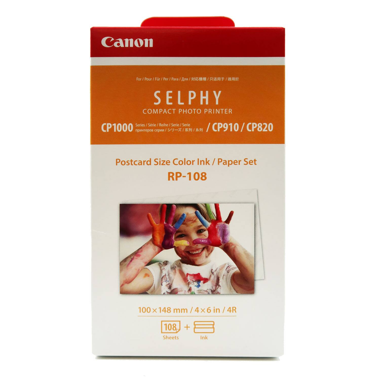 Canon SELPHY COMPACT PHOTO PRINTER  
For / Pour / Für / Per / Para / 用  
Series / Série / Reche / Serie / Serie / CP1000 / CP910 / CP820  

Postcard Size Color Ink / Paper Set  
RP-108  

100 x 148 mm / 4x6 in / 4R  
108 Sheets + Ink