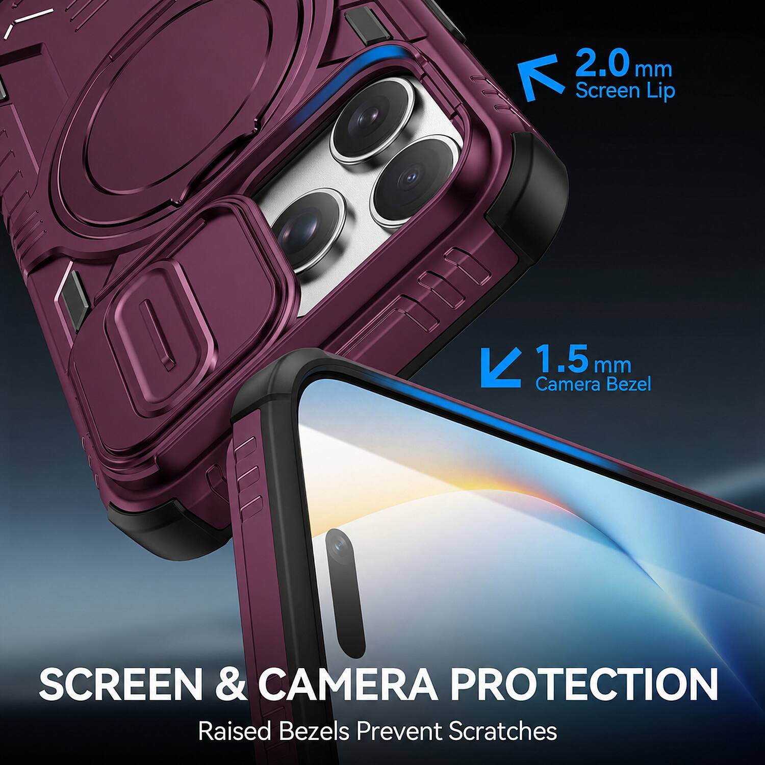 2.0 mm K Screen Lip  
K 1.5 mm Camera Bezel  
SCREEN & CAMERA PROTECTION  
Raised Bezels Prevent Scratches
