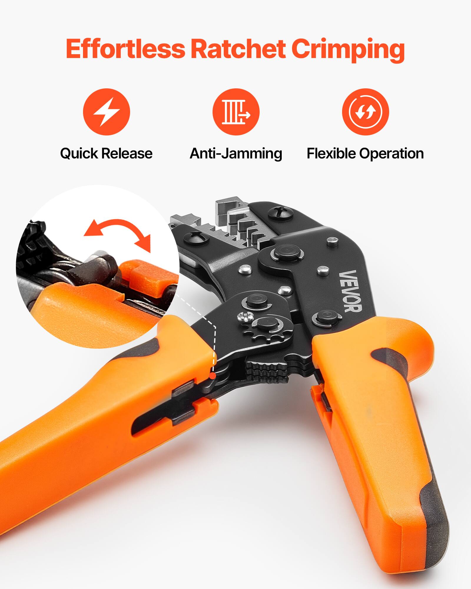 Effortless Ratchet Crimping

- Quick Release
- Anti-Jamming
- Flexible Operation

VEVOR