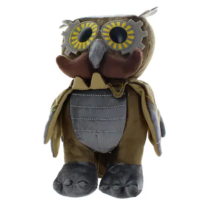 Front. Crowded Coop - WhimWham 8" Plush, Owl Mustache Steampunk - Brown.