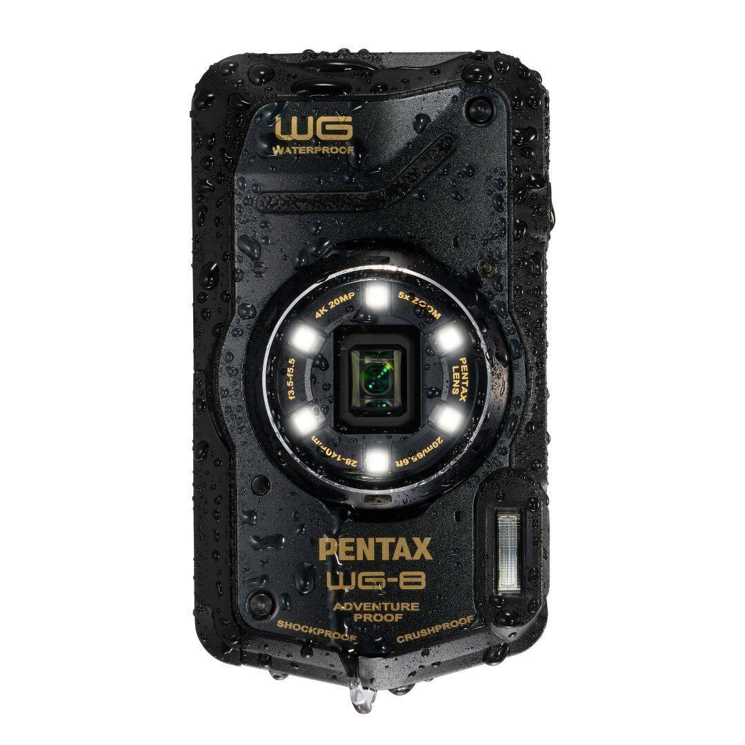 The image features a waterproof camera with a 20MP sensor, 4K video recording, and 5x zoom capabilities. The camera is designed by Pentax and is shockproof, crushproof, and adventure proof. The lens has a focal length of 3.5-5.5 UZ, and the camera is capable of capturing images at a resolution of 20 megapixels. The camera is also equipped with a bright light, which likely serves as a flash or illuminator for low-light situations. Overall, the camera is a versatile and durable device for outdoor adventures and capturing high-quality images and videos.
