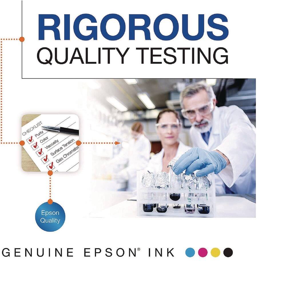 RIGOROUS QUALITY TESTING

CHECKLIST
- Purity
- Color
- Viscosity
- Surface Tension
- Gas Chromatography

Epson Quality

GENUINE EPSON® INK