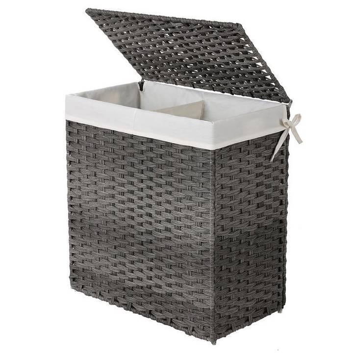 Front. Hivvago - Grey PP Rattan 29-Gal Laundry Hamper Basket w/ 2-Compartment Washable Liner Bag - Grey.