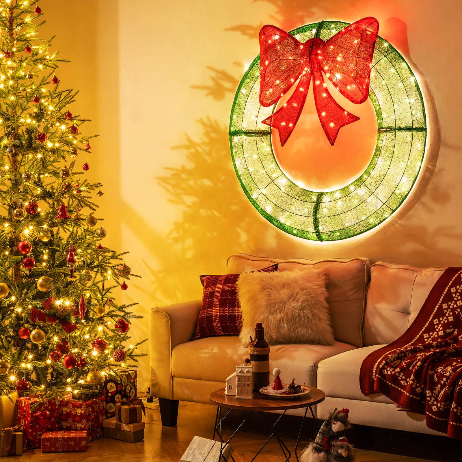 Alt View 3. Costway - Costway 48 Inch Pre-Lit Christmas Wreath with 200 LED Lights Red Bow Hanging Hooks - Green + Red.