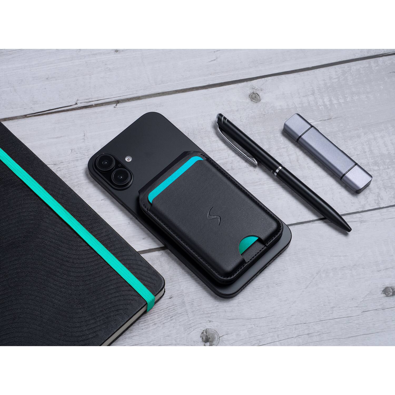 Left. Scapade - MagCard Pro MagSafe Compatible Magnetic Card Holder Wallet with Kickstand, Apple Find My Tracker - Black.