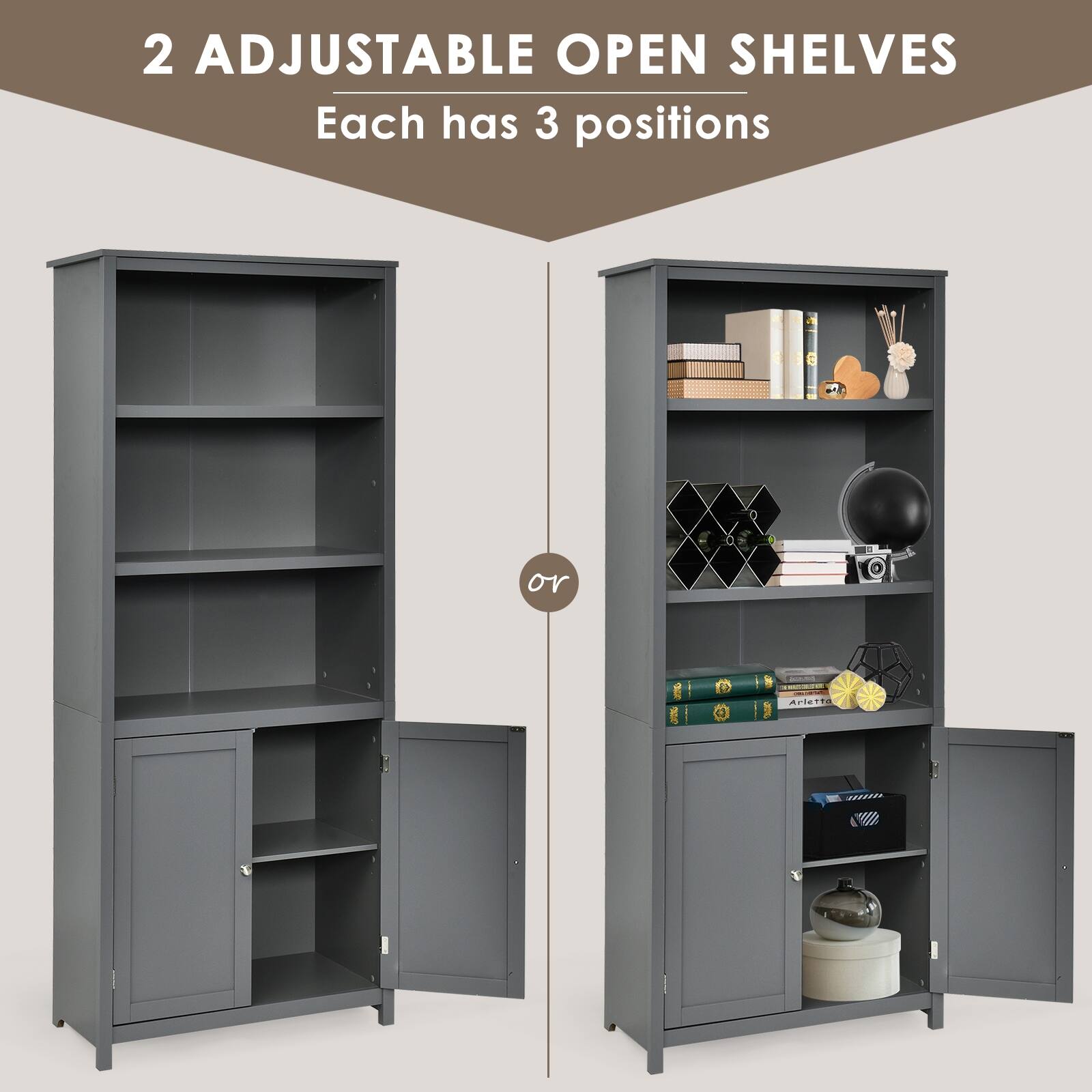 2 Adjustable Open Shelves Each has 3 Positions - Artetto