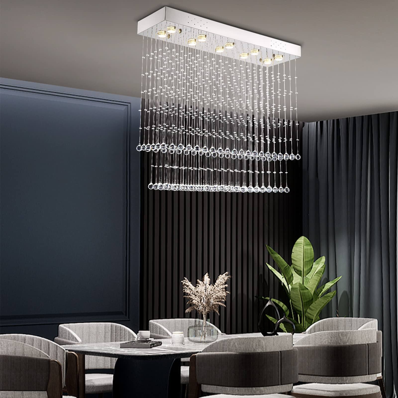 Front. Siljoy - 10 Lights Modern Raindrop Rectangular Crystal LED Pendant Chandelier for Dining Room L40xW12xH35.5 - Chrome.