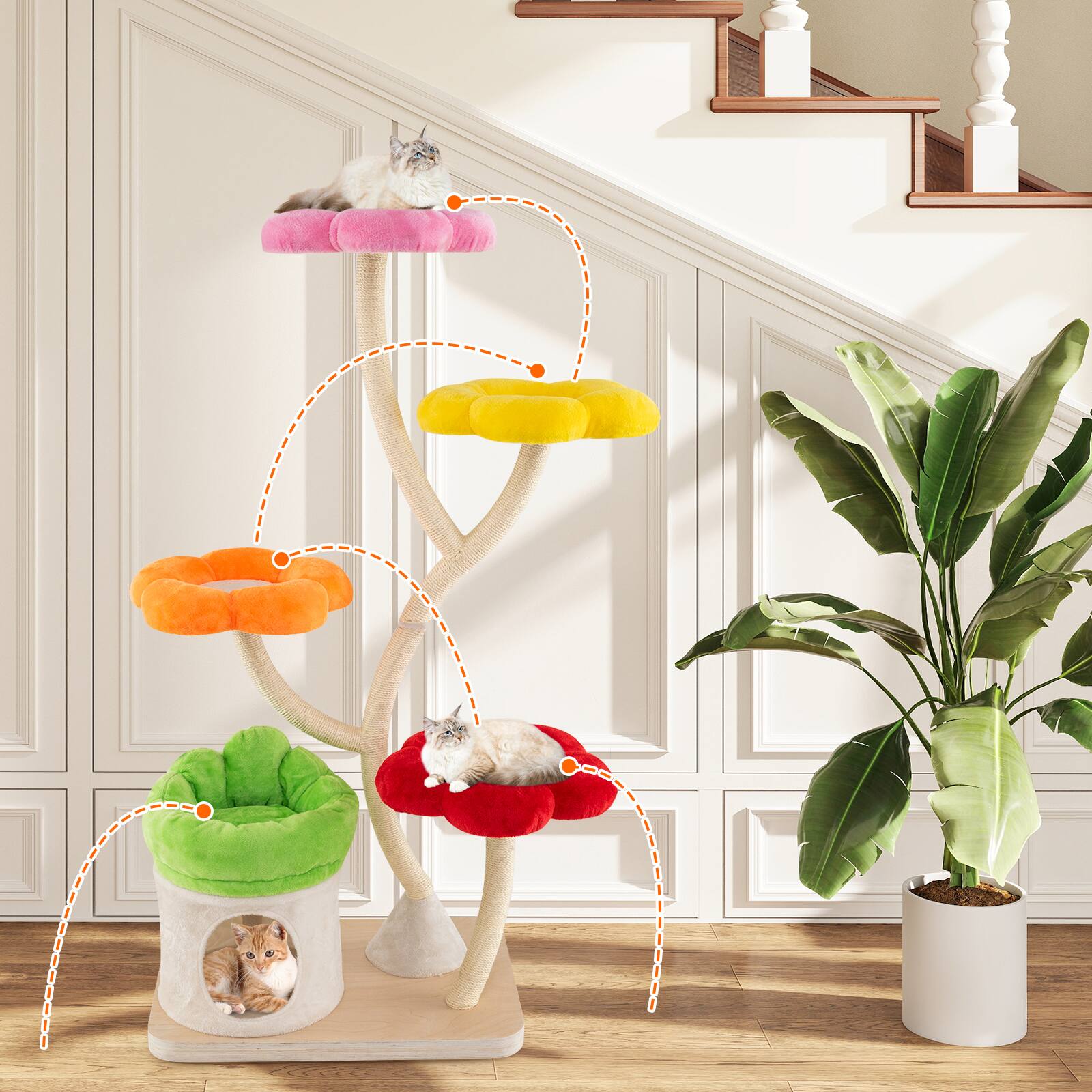 Alt View 3. Gymax - Gymax 64'' Multi-layer Cat Tower w/4 Colorful Flower-shaped Platforms Scratching Posts - GYM17815.