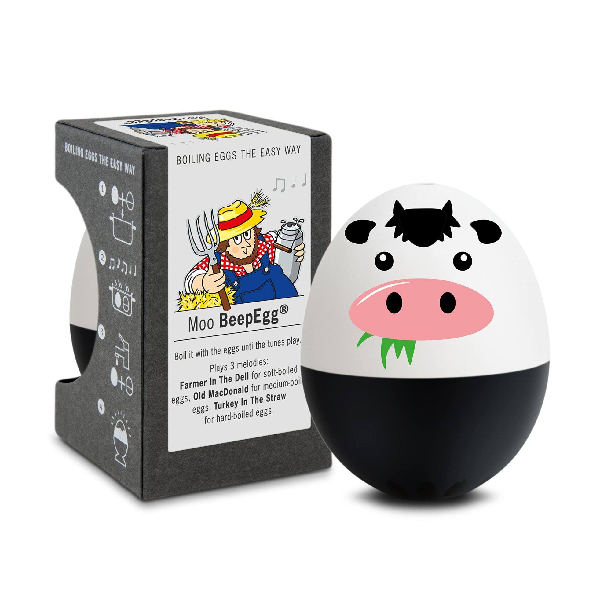 BOILING EGGS THE EASY WAY

Moo BeepEgg®

Boil it with the eggs until the tunes play. Plays 3 melodies:
- Farmer In The Dell for soft-boiled eggs
- Old MacDonald for medium-boiled eggs
- Turkey In The Straw for hard-boiled eggs.