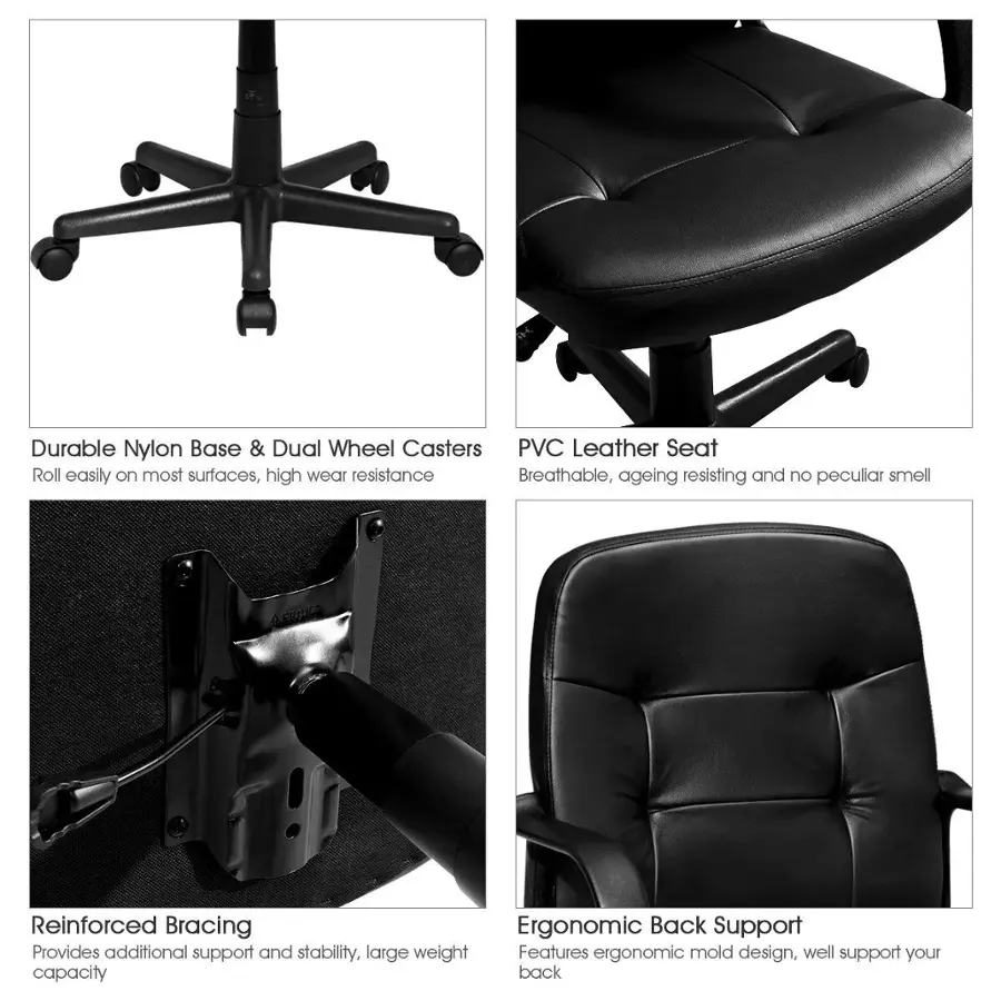The image shows a comparison of different types of office chairs, each with its own unique features. The first chair has a durable nylon base and dual wheel casters, making it easy to roll on most surfaces and providing high wear resistance. The second chair has a PVC leather seat, which is both breathable and age-resistant, and it also has no peculiar smell. The third chair features reinforced bracing and ergonomic back support, providing additional stability and support for the user. The fourth chair has a large weight capacity, making it suitable for heavier individuals. Overall, the image showcases a variety of office chairs with different features to cater to various needs and preferences.