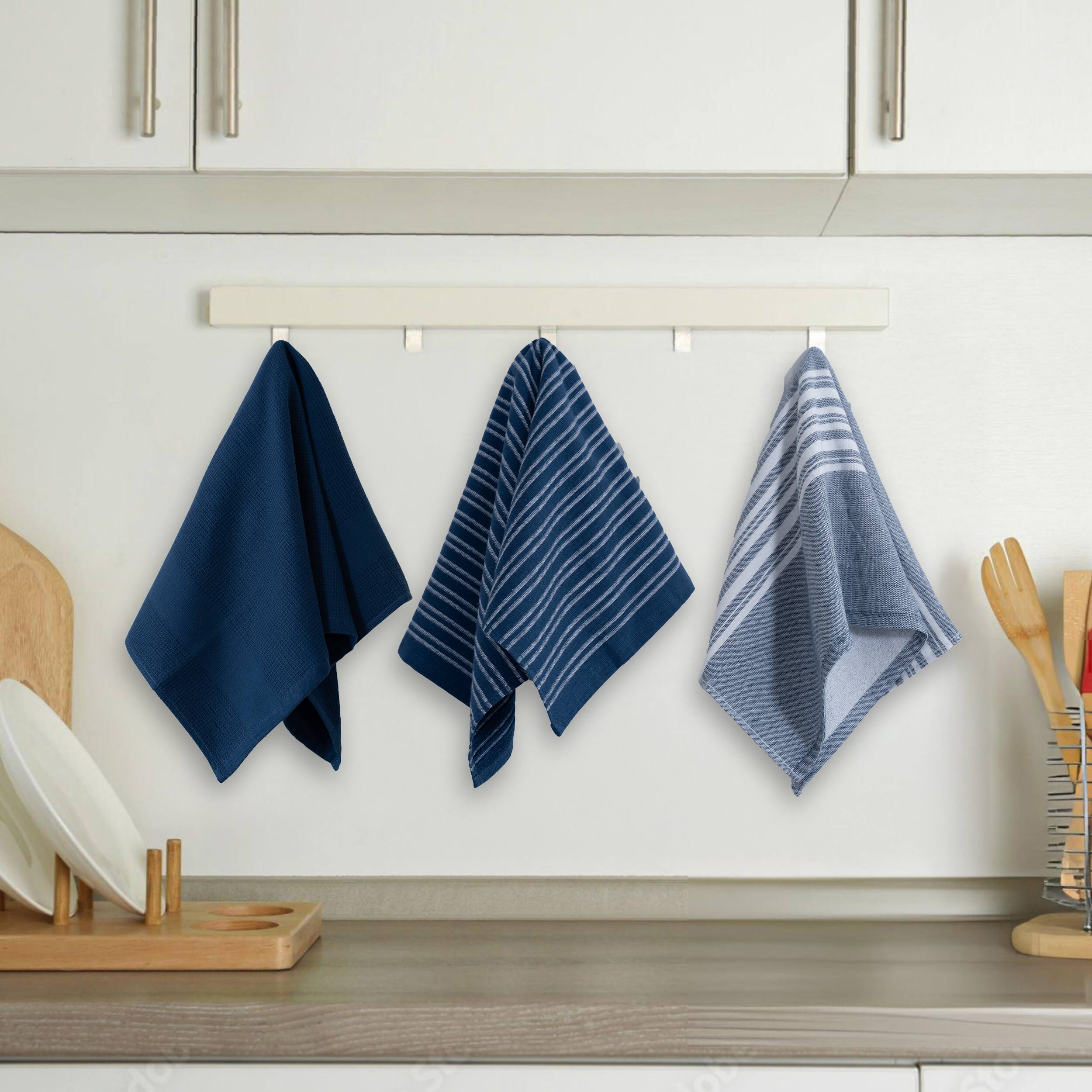 Alt View 3. Lux Decor Collection - 6-Piece 100% Cotton Kitchen Towel Set 16x26, Highly Absorbent Terry Dish Towels, Soft & Durable, Striped & Waffle Design - Nay Blue.