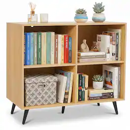 Costway - 4-Cube Wooden Bookshelf Bookcase with 5 Metal Legs, Anti-Toppling Devices for Home - Natural