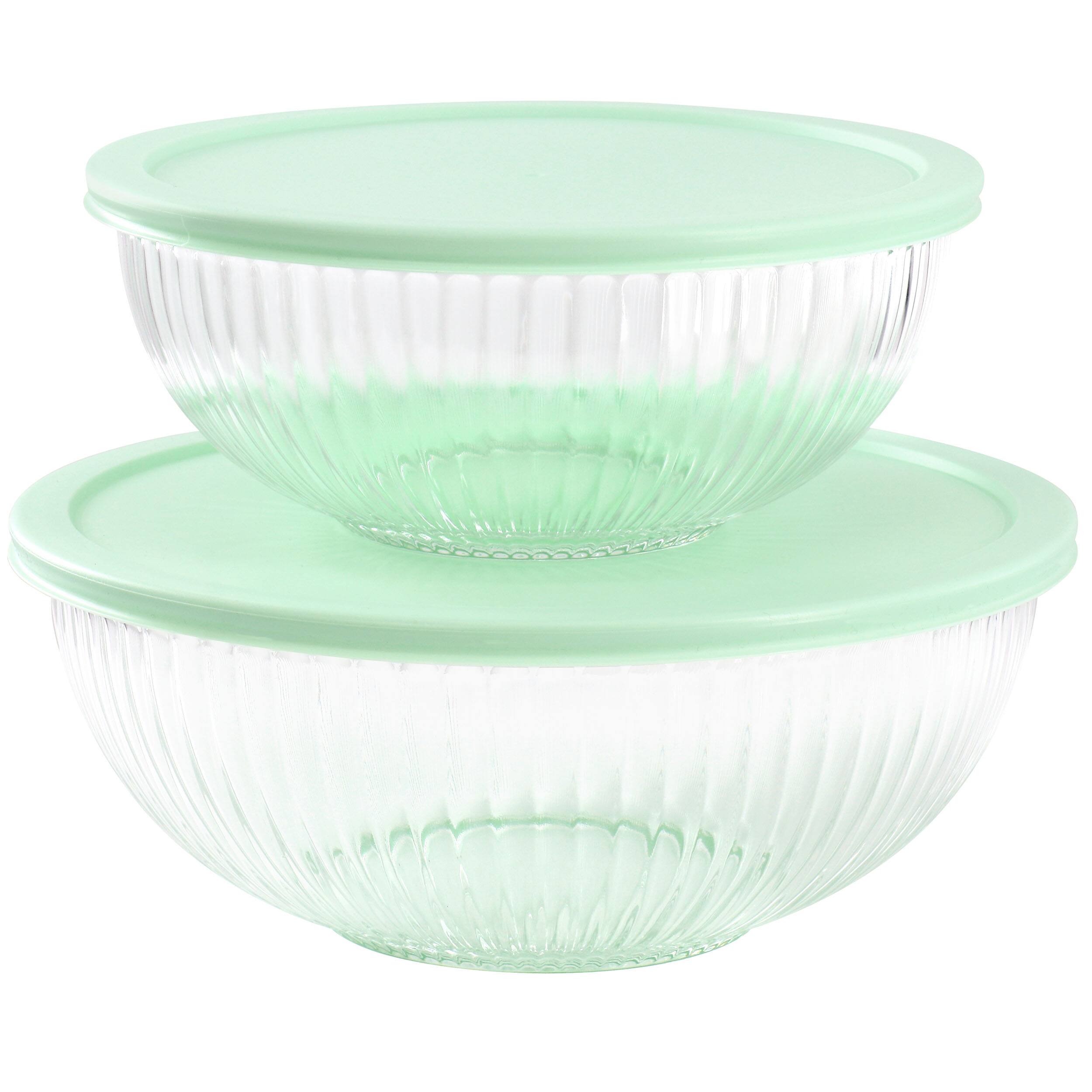 Front. Martha Stewart - Martha Stewart Everyday Clifftop 4 Piece 67oz and 114oz Glass Bowl Set with Lids in Mint - Mint.