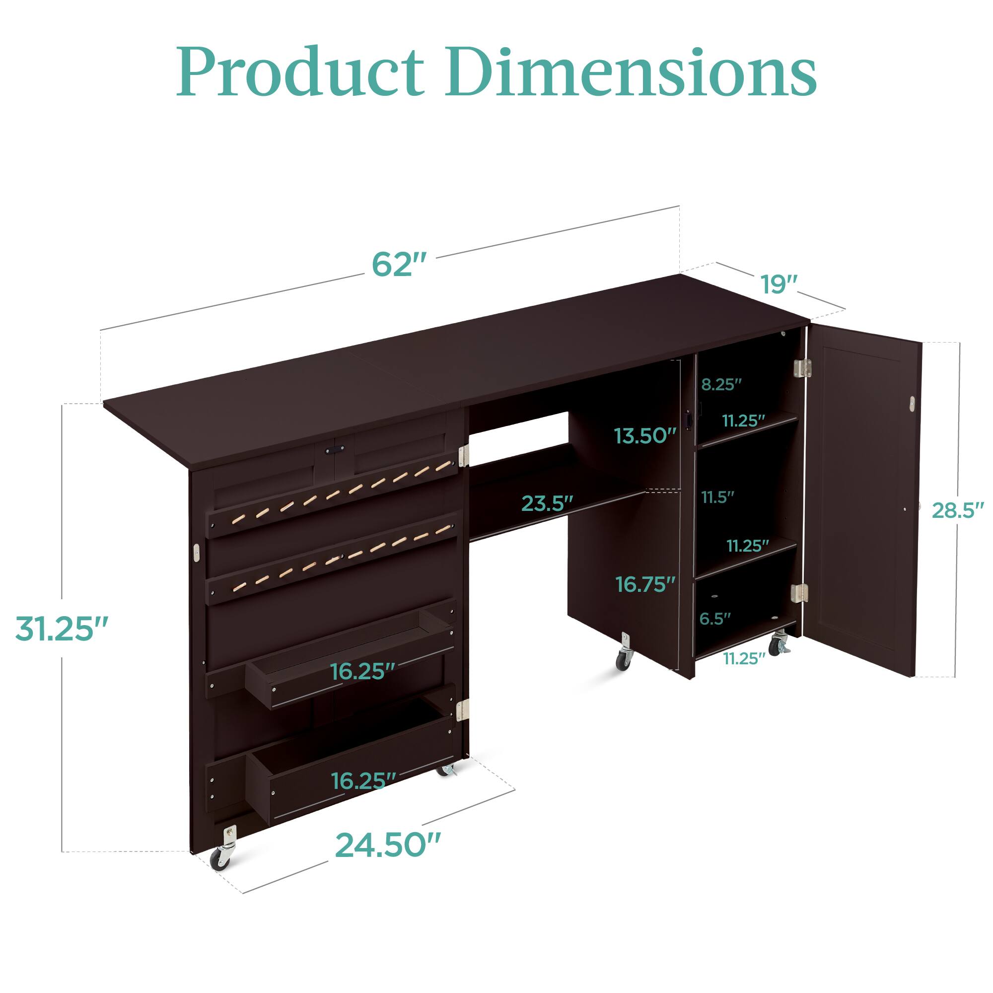 Product Dimensions: 62" x 19" x 31.25" x 24.50" x 23.5" x 16.75" x 16.25" x 13.50" x 11.5" x 11.25" x 11.25" x 8.25" x 6.5" x 28.5"