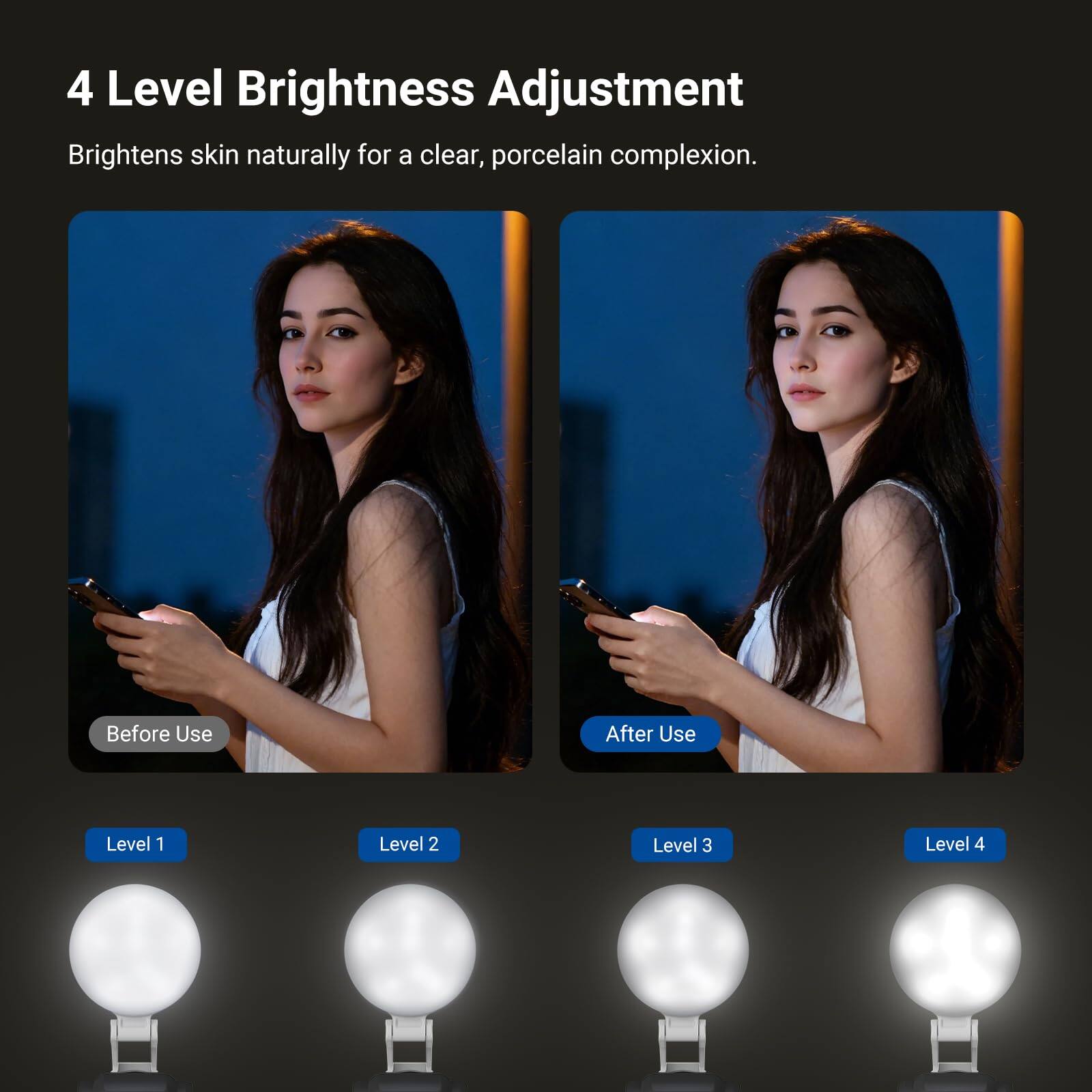 4 Level Brightness Adjustment  
Brightens skin naturally for a clear, porcelain complexion.  

Before Use  
After Use  

Level 1  
Level 2  
Level 3  
Level 4