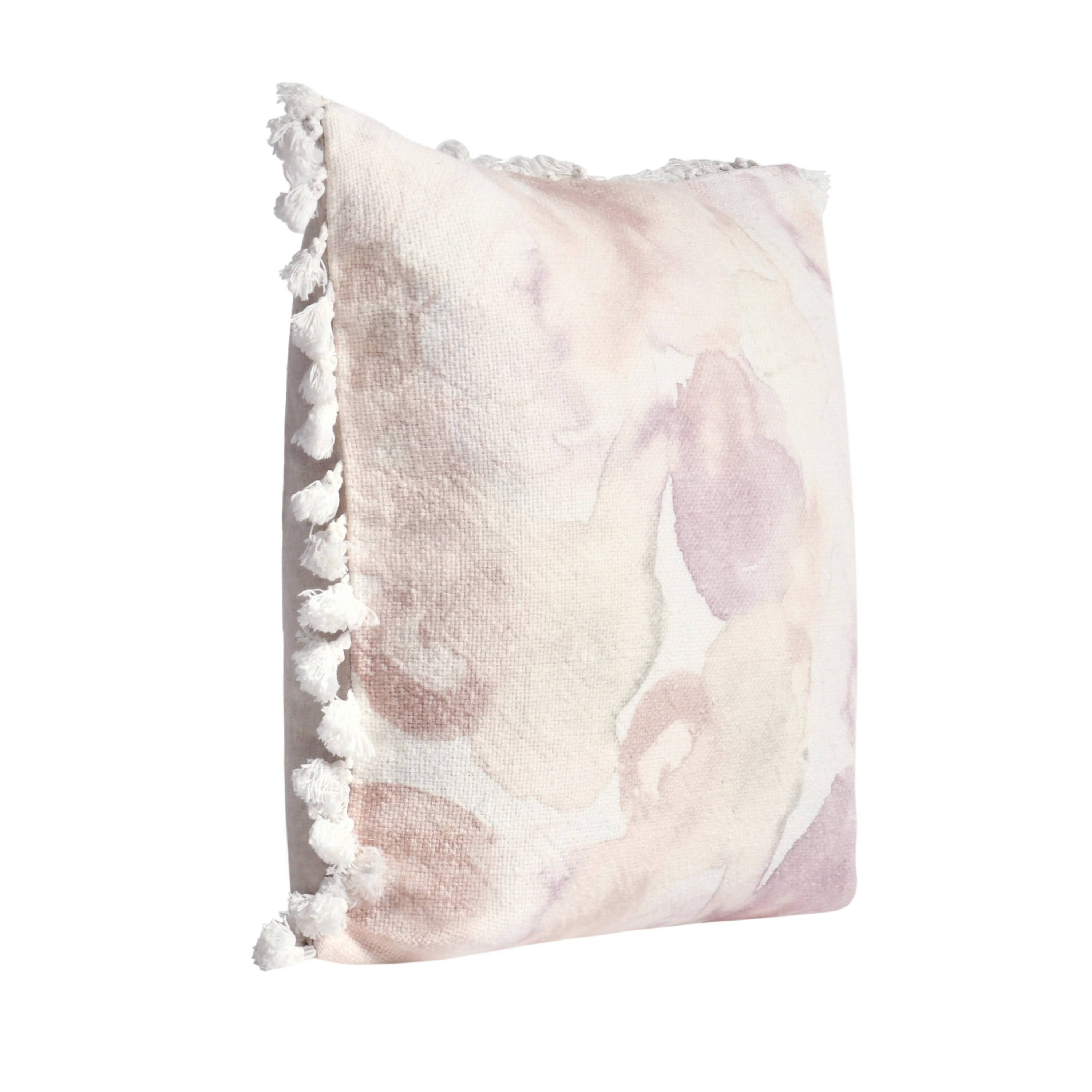 Angle. Manhattan Lane - Luos Throw Pillow, Tasseled Edges, 20 Inch Pink Cotton Linen Blend - Pink, White.