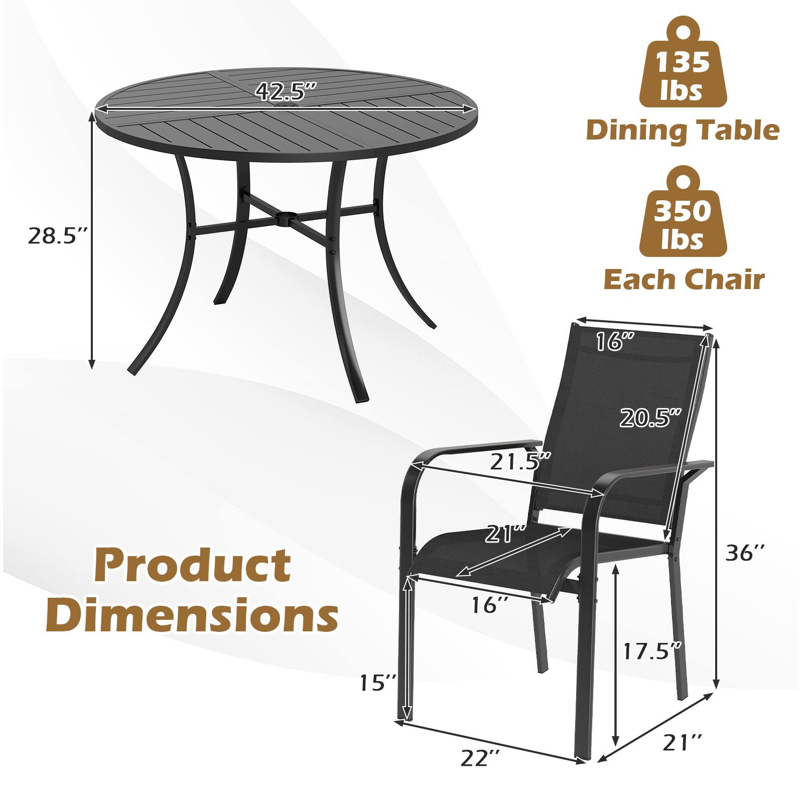 42.5" 135 lbs Dining Table  
28.5"  
350 lbs Each Chair  
Product Dimensions  
15" 210 16" 17.5" 36" 22" 21"