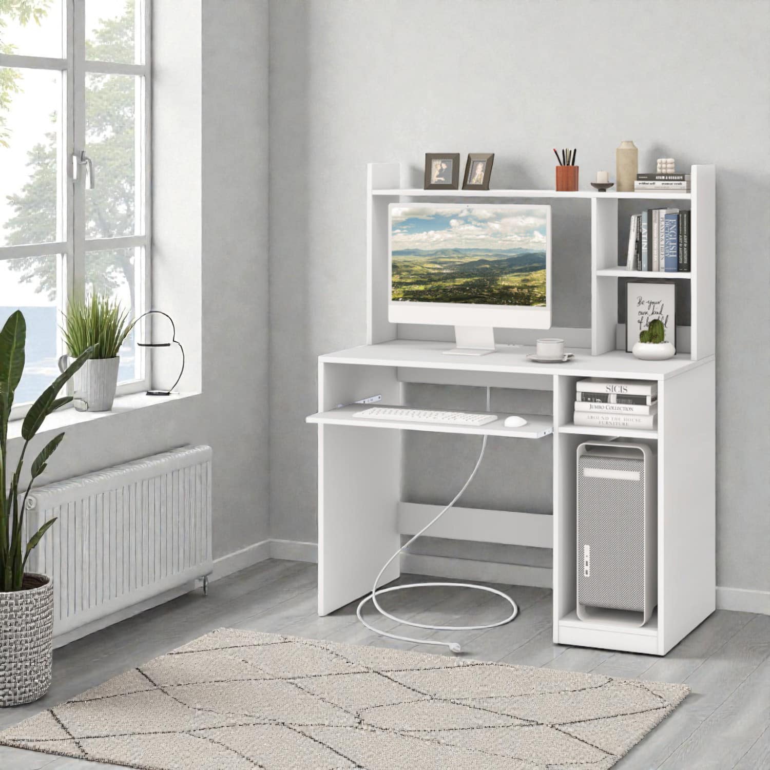 Hivvago - Home Workstation Desk with Bookshelf, Slide-out Keyboard Tray, and CPU Holder - White