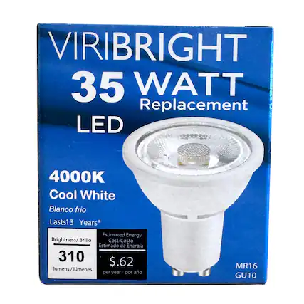 VIRIBRIGHT 35 WATT Replacement LED
4000K Cool White Blanco frio
Lasts 13 Years*
Brightness/Brillo: 310 lumens/lmenes
Estimated Energy Cost/Costo Estimado de Energia: $0.62 per year/por año
MR16 GU10